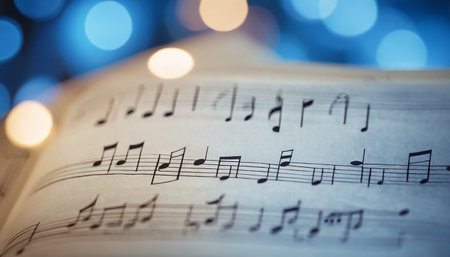 Musical notes on the book with bokeh lights background.の素材