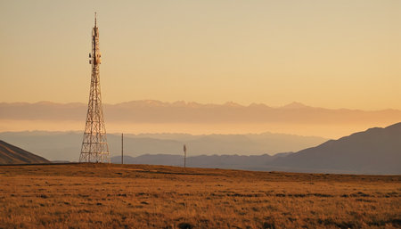 Telecommunication tower in the steppe at sunset, Kyrgyzstanの素材