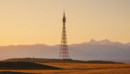 Telecommunication tower in the grassland with mountains in the background.の素材