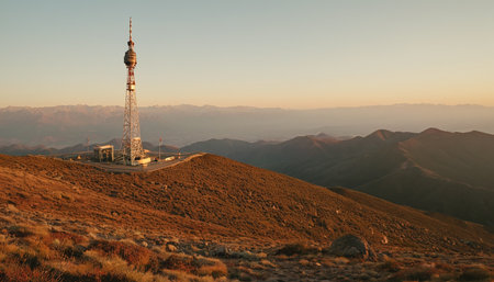 Television tower in the mountains at sunset, Sochi, Russia.の素材