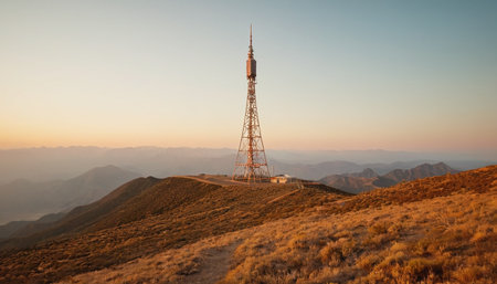 Telecommunication tower on the top of the mountain in the morning lightの素材