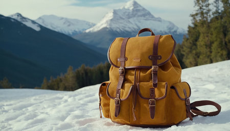 Backpack on snow in the mountains. Travel and adventure concept.の素材