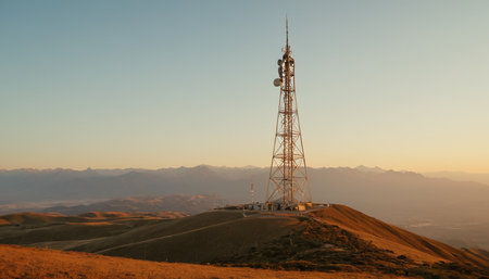 Telecommunication tower on the top of the mountain in the rays of the setting sunの素材