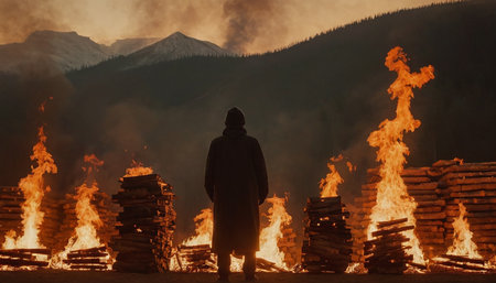 A man stands in front of a huge fire in the mountains.の素材
