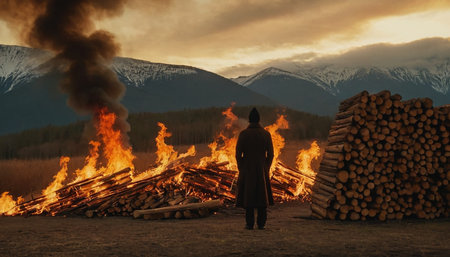 A man in a black cloak stands on the edge of the field and looks at the burning firewood.の素材