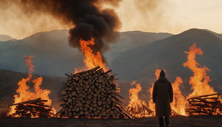 Man standing in front of a bonfire in the mountains at sunsetの素材