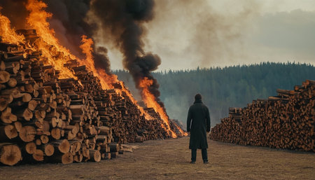 A man stands in front of a huge pile of firewood.の素材
