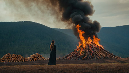 A witch in a black cloak stands in front of a huge bonfire in the mountains.の素材