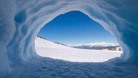 Winter landscape with snow and blue sky through a hole in the ice caveの素材