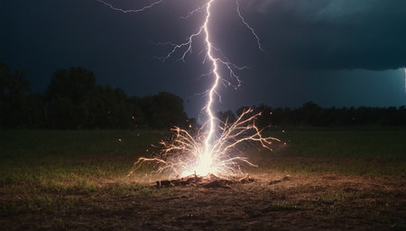 Lightning strikes the ground in the field at night. Thunderstormの素材
