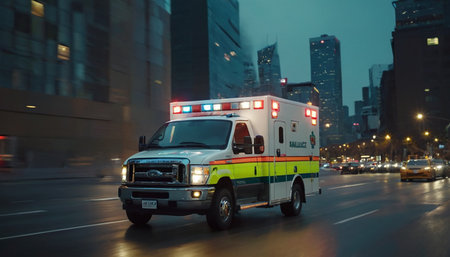 Ambulance in the city at night. Shallow DOFの素材