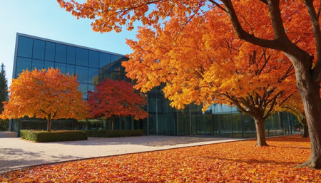 Autumn landscape with colorful trees and modern building in the background.の素材