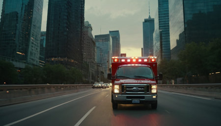 Ambulance driving on highway in Chicago, Illinois, USA.の素材