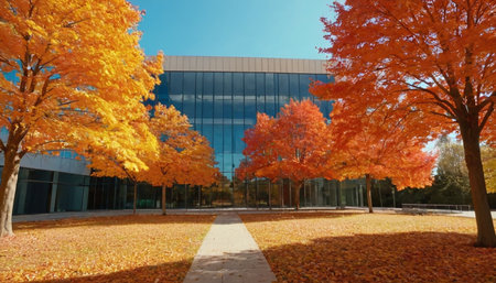 Autumn landscape with maple trees in the park and modern office buildingの素材