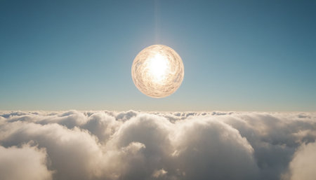 Aerial view of beautiful sunset above clouds with full moon. 3d illustrationの素材