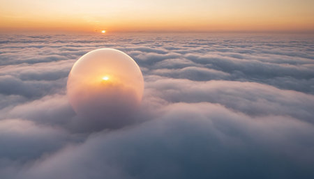 Sunset above the clouds with a sphere in the middle of the cloudsの素材