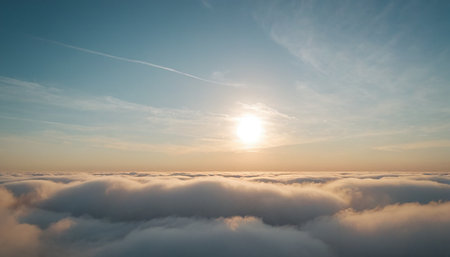 Beautiful sunrise above the clouds. Panoramic aerial view.の素材