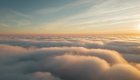 Beautiful aerial view above the clouds at sunset. Nature background.の素材