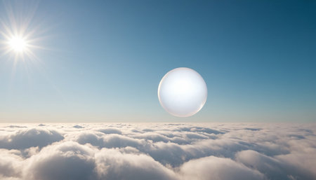 Aerial view above clouds with a glowing moon. 3d illustrationの素材