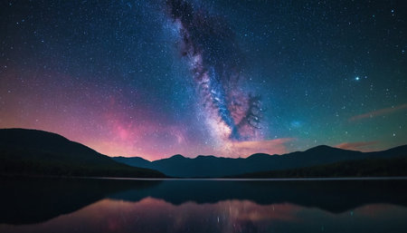 Milky Way over mountain lake with starry sky in the backgroundの素材