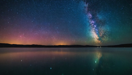 Milky Way over the lake with starry sky and milky wayの素材