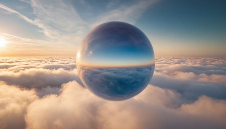 Beautiful aerial view above clouds with planet Earth. 3d illustrationの素材