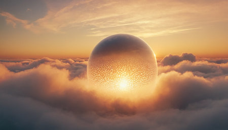 Aerial view of beautiful sunset above the clouds with lensball effectの素材