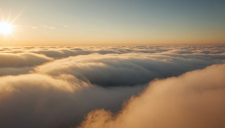 Aerial view above clouds at sunrise. View from airplane window.の素材