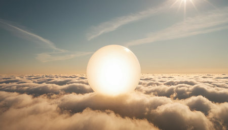 Aerial view above clouds with a glowing sphere. 3d illustrationの素材