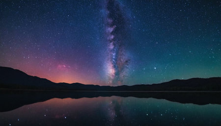 Milky Way over a lake with mountains reflected in the water.の素材