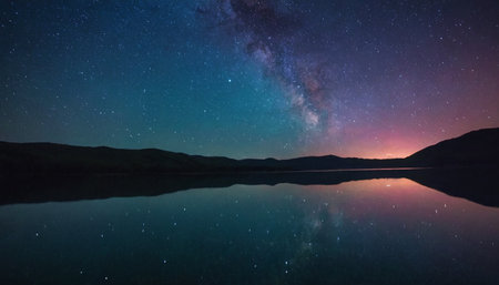Milky Way over the lake with reflection of mountains in the waterの素材