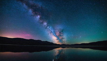 Milky way over the lake with mountains and starry sky.の素材