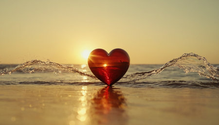 Heart in water with sunset background. Valentines day background. Love conceptの素材