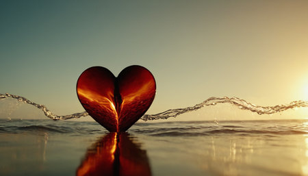 Red heart in water on sunset background. Love and valentine conceptの素材