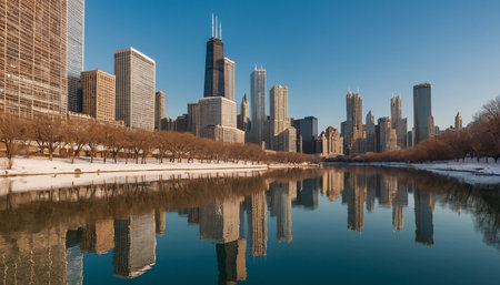 Chicago skyline panorama with lake and skyscrapers in winter.の素材