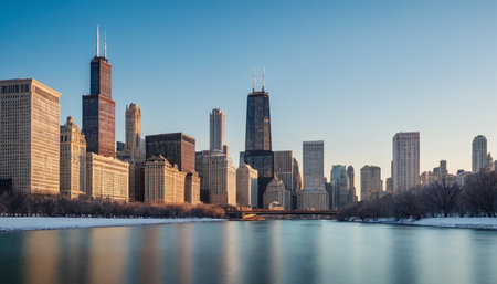 Chicago downtown skyline panorama with frozen lake and skyscrapers.の素材