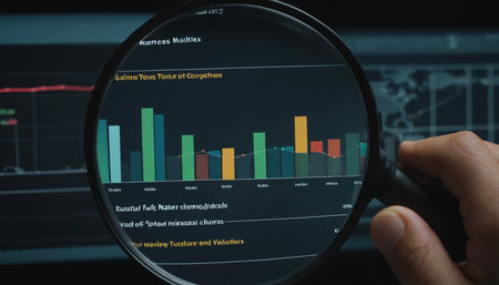 Magnifying glass with stock market data on screen. Stock market concept.の素材