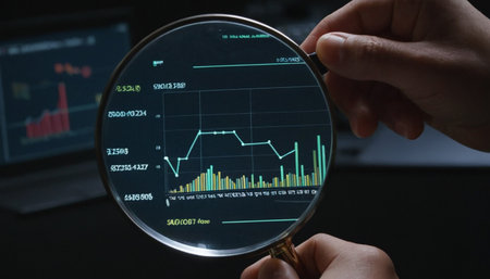 Magnifying glass with stock market data. Stock market data concept.の素材