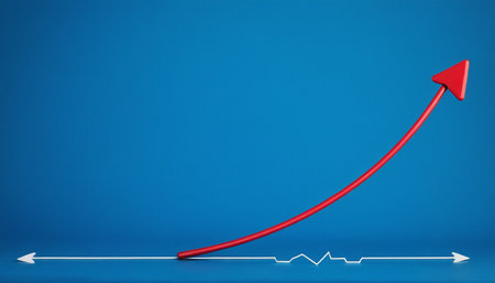 Red arrow pointing up on a blue background. 3d rendering.の素材