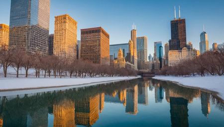 Central Park in winter with reflection, New York City, USA.の素材