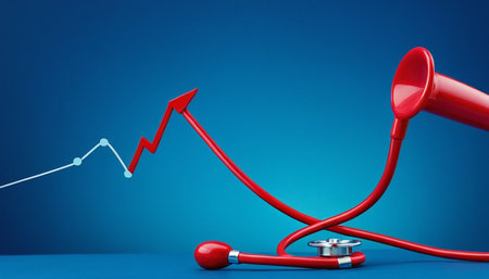Red stethoscope and red graph on blue background. Medical conceptの素材