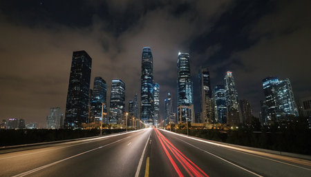 Highway through modern city at night with car light trails on the roadの素材