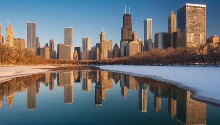 Central Park in winter with skyscrapers reflected in the lake.の素材