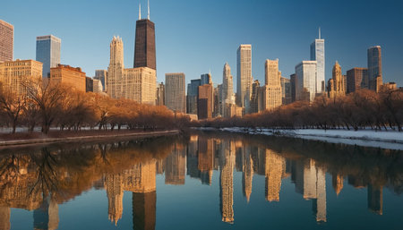 Central Park, New York City, USA. Panoramic view of the skyscrapers of the city during sunrise.の素材