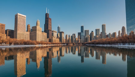 Central Park, New York City, USA. Panoramic view of skyscrapers reflected in the lake.の素材