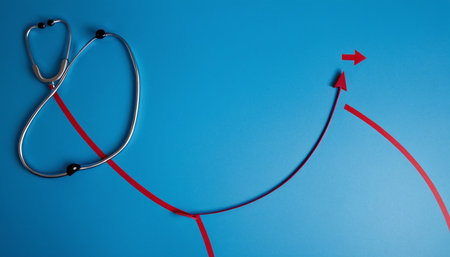 Stethoscope with red arrow on blue background with copy space.の素材