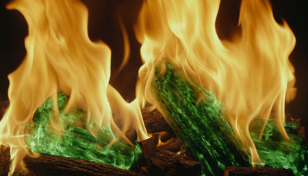 Burning firewood in the fireplace, close-up, horizontalの素材