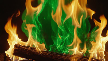 Burning firewood in the fireplace, close-up of photoの素材