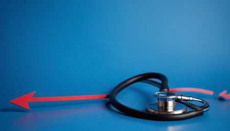 Stethoscope and red arrow on blue background with copy space.の素材