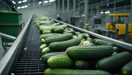 Cucumbers on a conveyor belt in a modern factory.の素材
